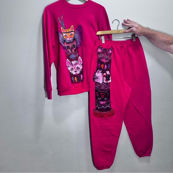 Tultex Other - VIntage Tultex Hand Painted Cats Sweatsuit Sweatshirt Pants Pink Size XL